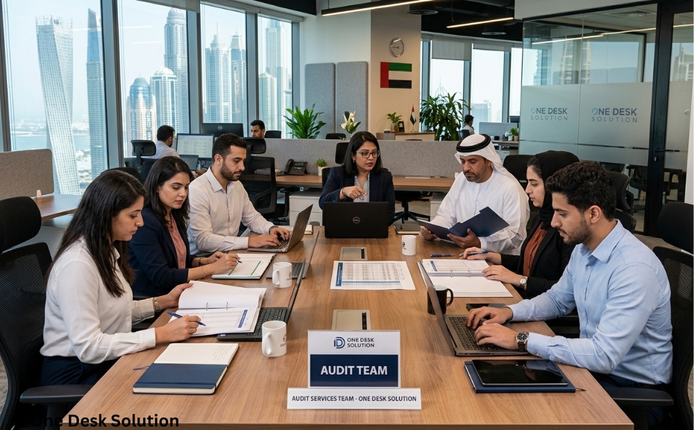 One Desk Solution, audit services team working in the office in UAE
