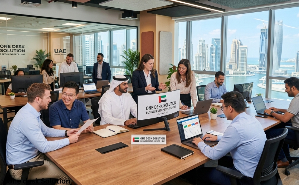 One Desk Solution, business set up expert services team working in the office in, UAE