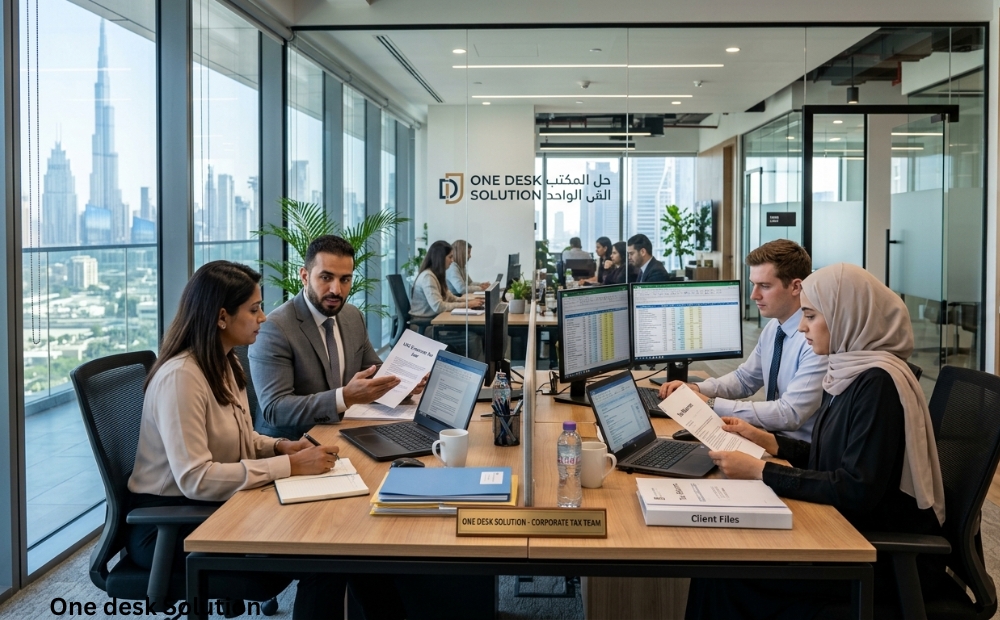 One Desk Solution, corporate Tax expert services team working in the office in, UAE
