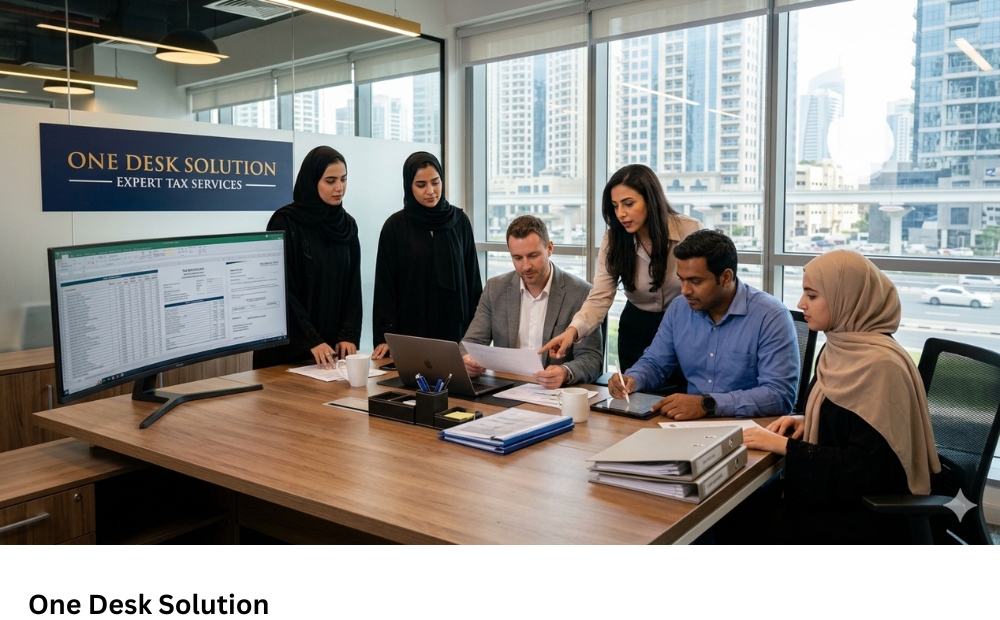 One Desk Solution, expert Tax Services team working in the office in UAE