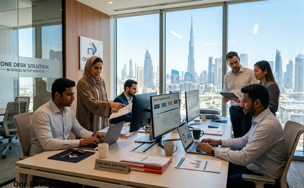 One Desk Solution, business set up services team working in the office in UAE