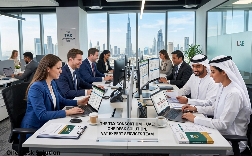 One desk solution, VAT expert services team working in the office in, UAE