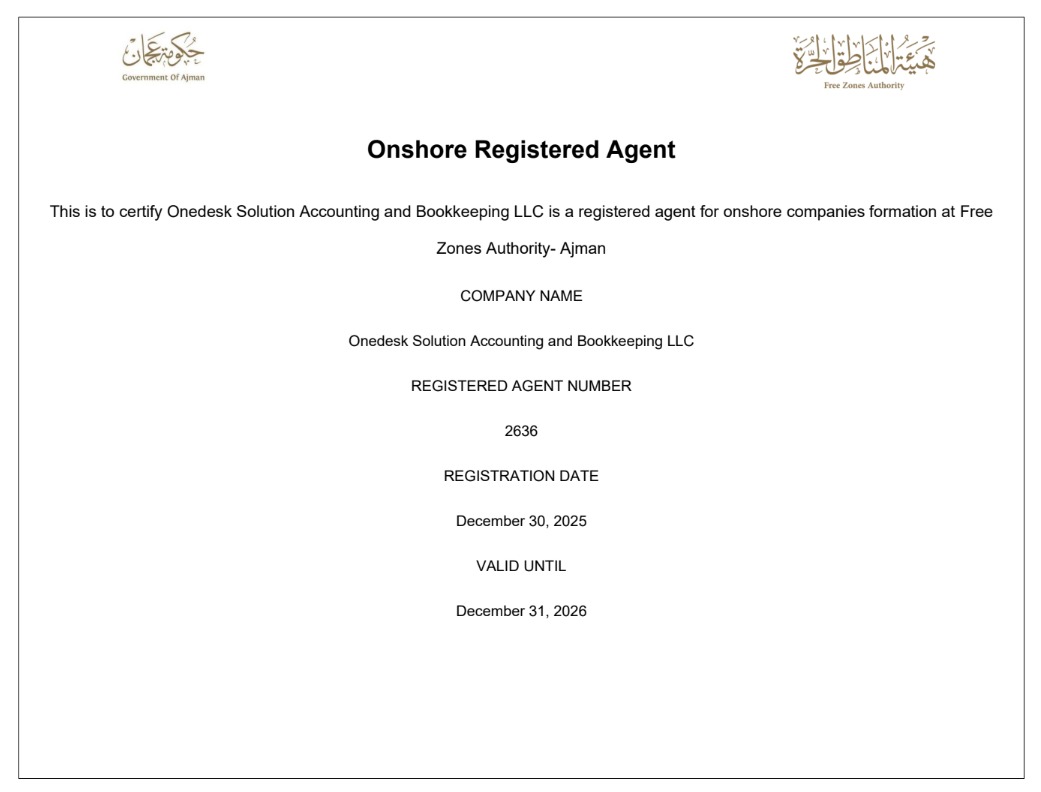 Ajman Free Zones Authority — Onshore Registered Agent — OneDeskSolution