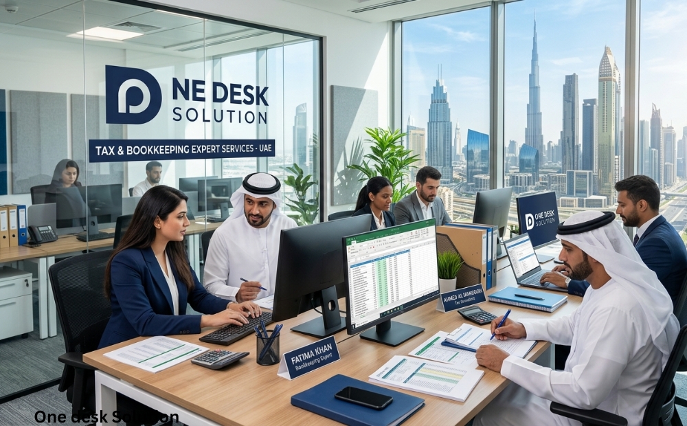 One Desk Solution, Tax and bookkeeping expert services team working in the office in UAE