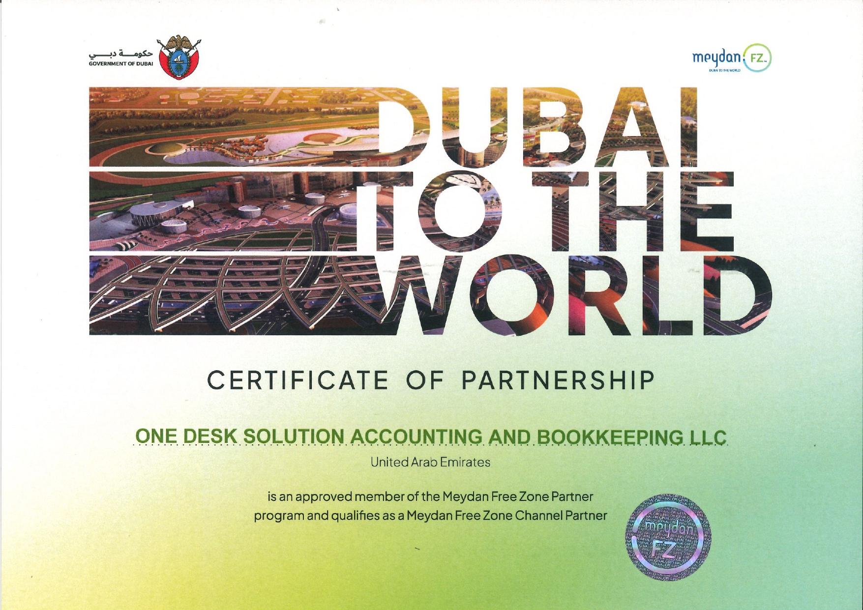 Meydan Free Zone — Certificate of Partnership — OneDeskSolution
