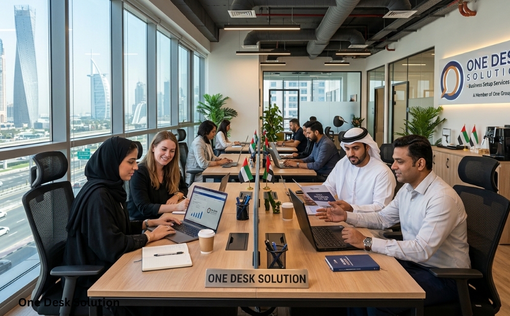 One Desk Solution, business set Services team working in the office, UAE