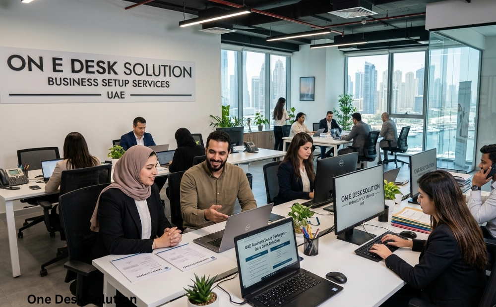 On e Desk Solution, business set up Services team working in the office, UAE