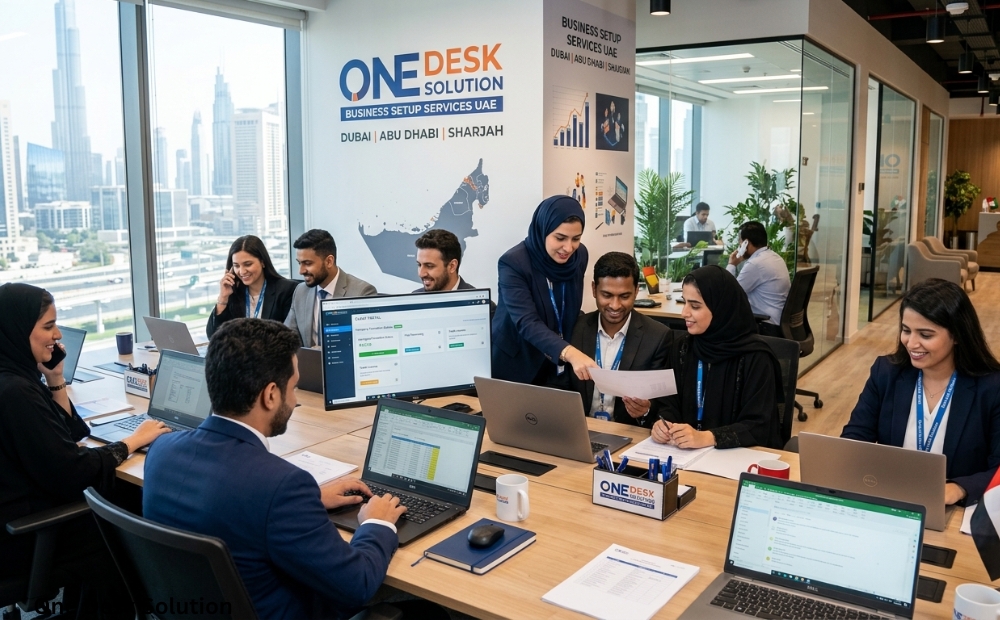One Desk Solution, business set up Services team working in the office, UAE