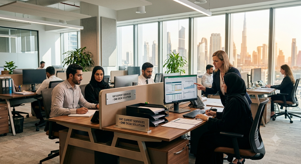 One desk solution, Expert VAT services team working in the office, UAE