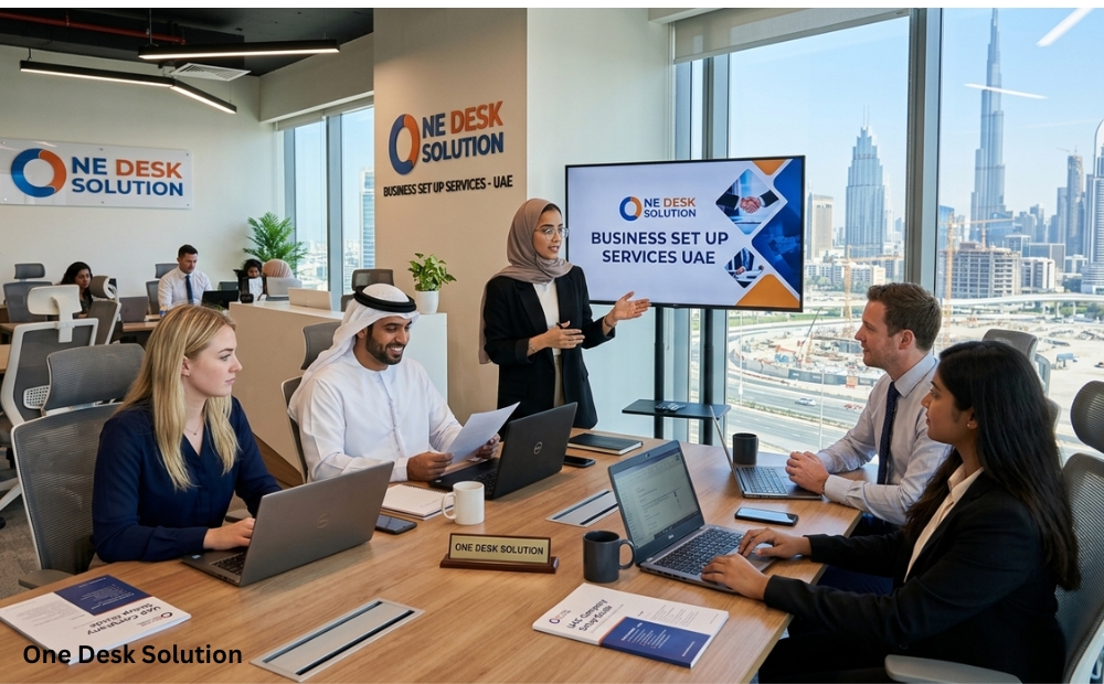 One Desk Solution, business set up Services team working in the office, UAE