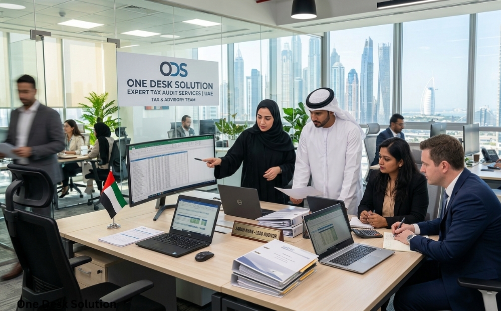 One Desk Solution, Expert tax Audit Services team working in the office, UAE