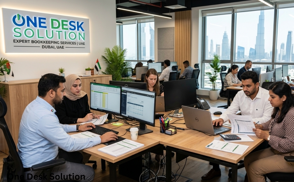 One Desk Solution, expert Bookkeeping Services team working in the office, UAE