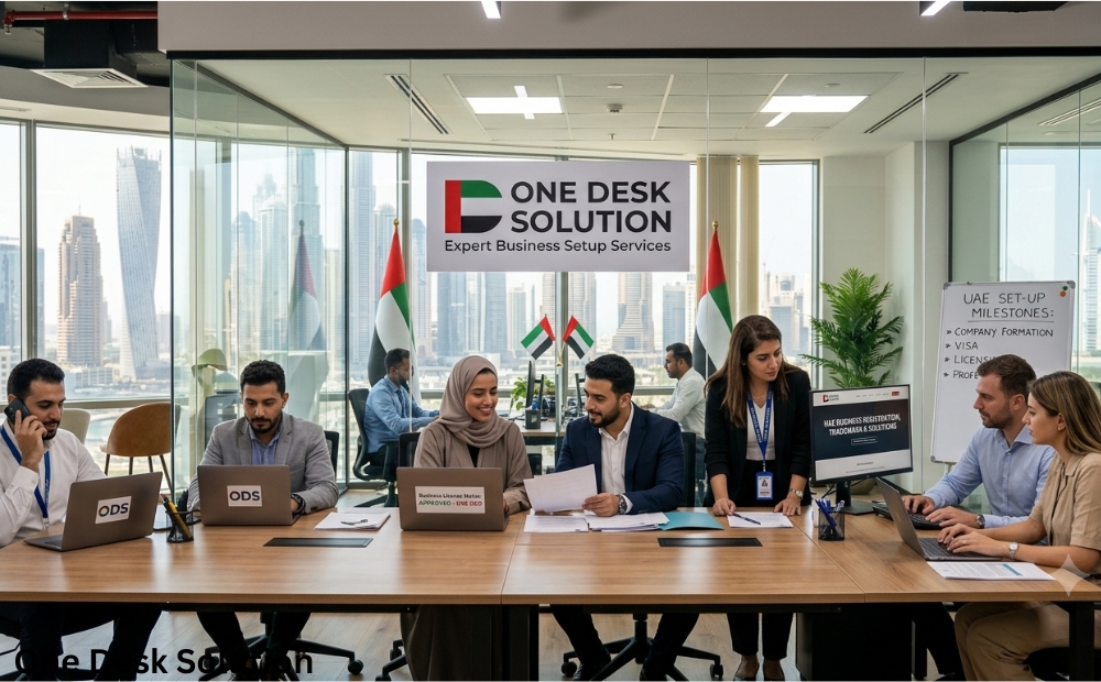 One Desk Solution, expert business setup Services team working in the office, UAE