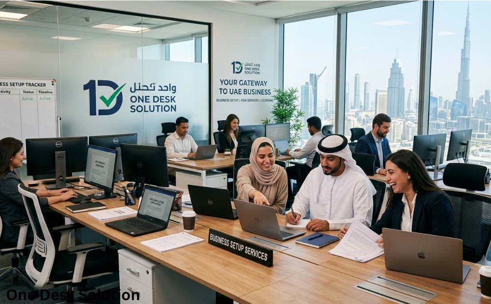 One Desk Solution, business setup Services team working in the office, UAE