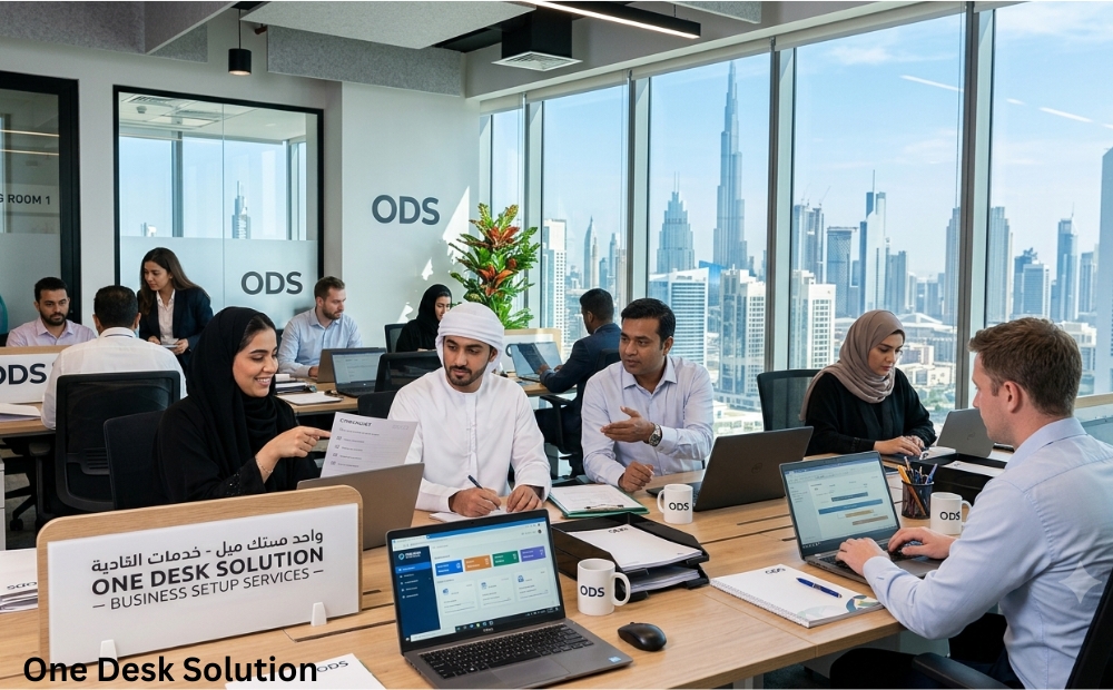 One Desk Solution, business setup Services team working in the office, UAE