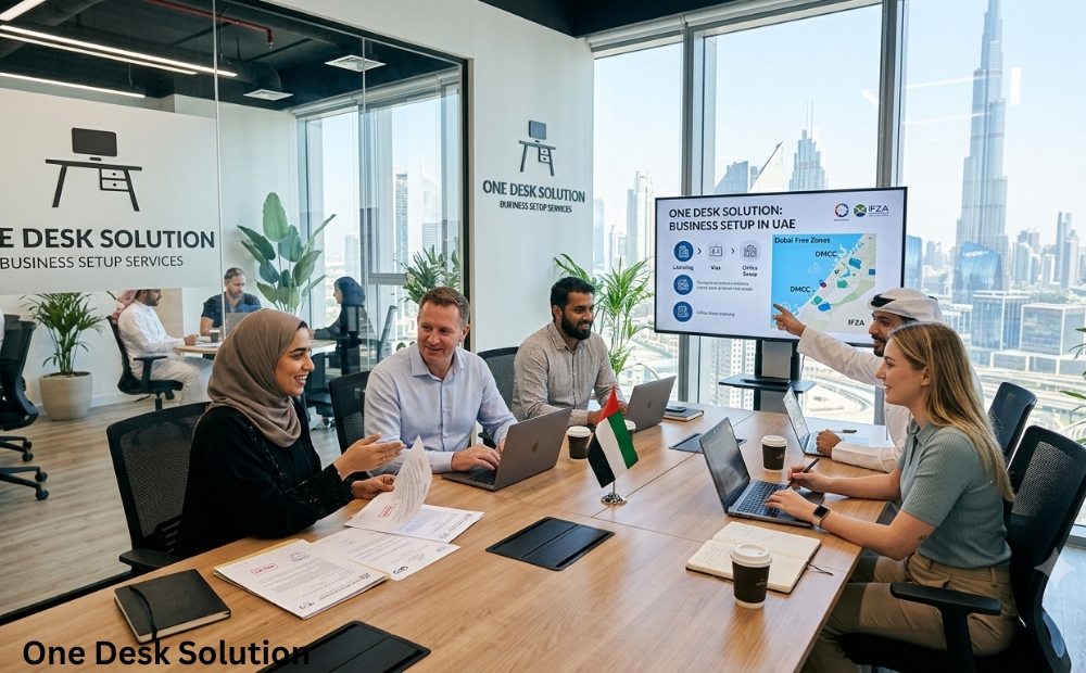 One Desk Solution, business setup Services team working in the office, UAE