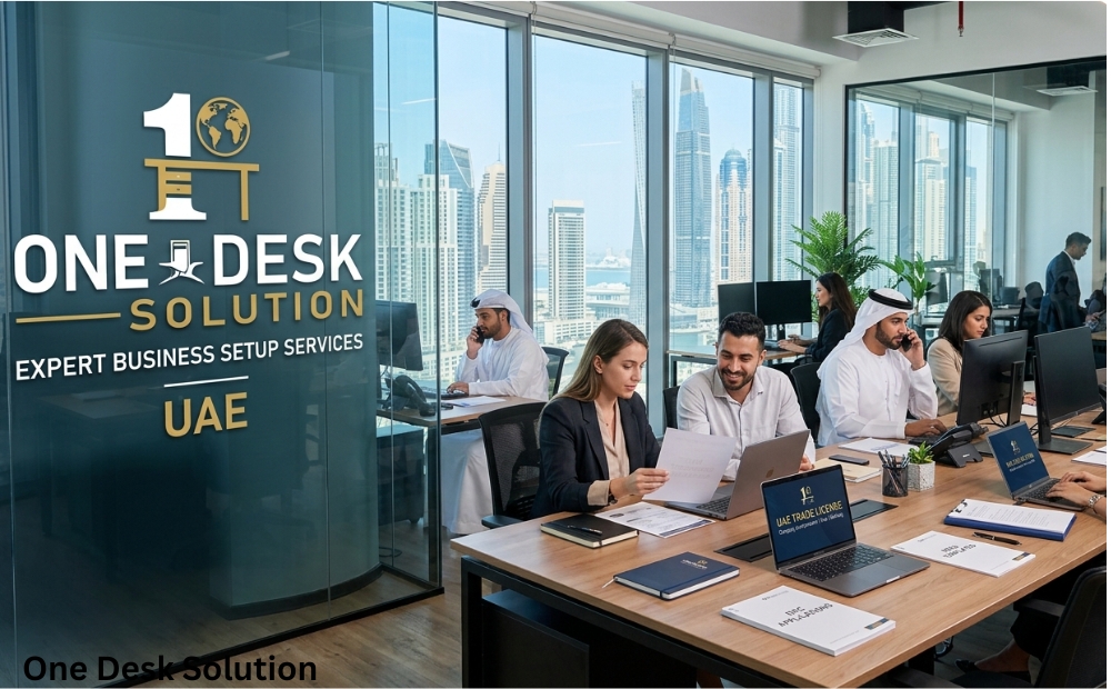 One Desk Solution, expert business setup Services team working in the office, UAE