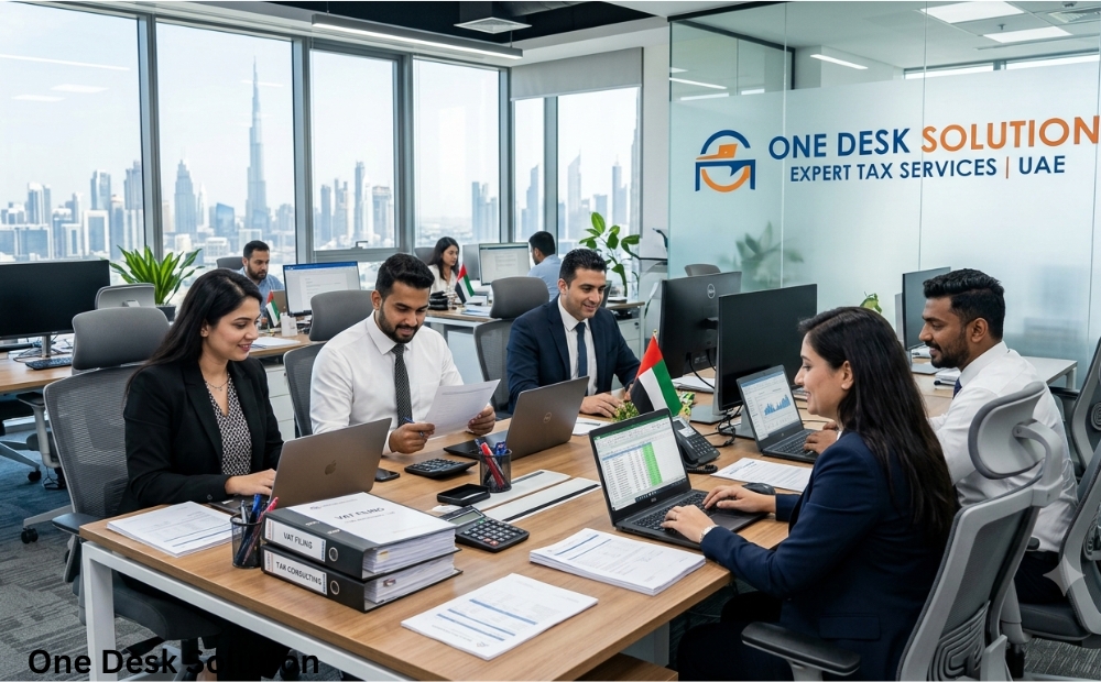 One Desk Solution, expert Tax Services team working in the office, UAE