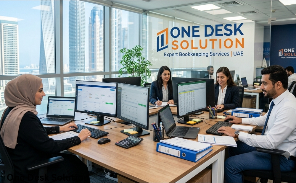 One Desk Solution, Expert bookkeeping services team working in the office, UAE