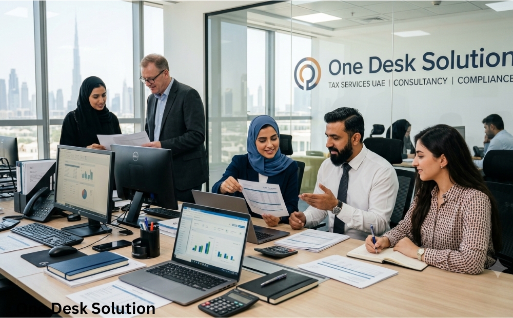 One Desk Solution, expert Tax Services team working in the office, UAE