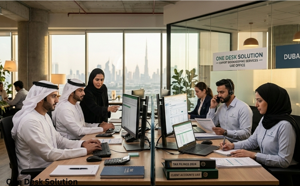 One Desk Solution, expert Bookkeeping services team working in the office, UAE