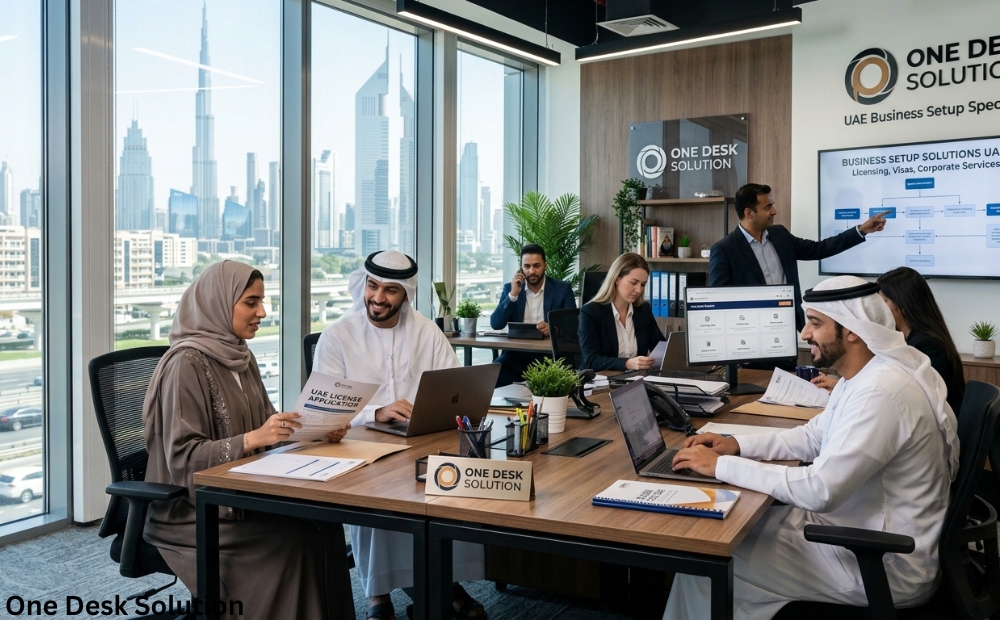One Desk Solution, business set up services team working in the office, UAE