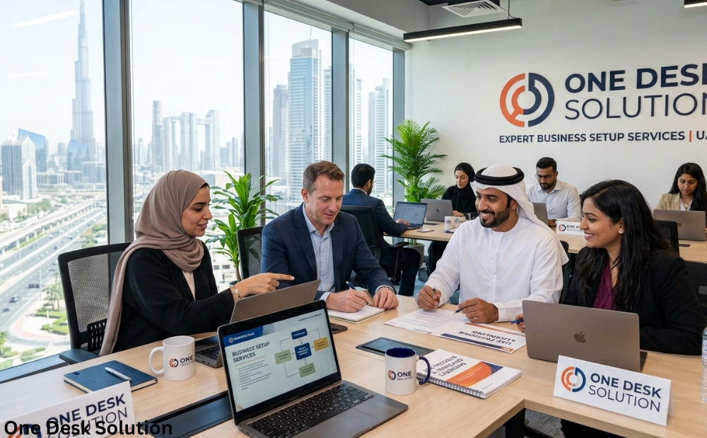 One Desk Solution, expert business set up services team working in the office, UAE