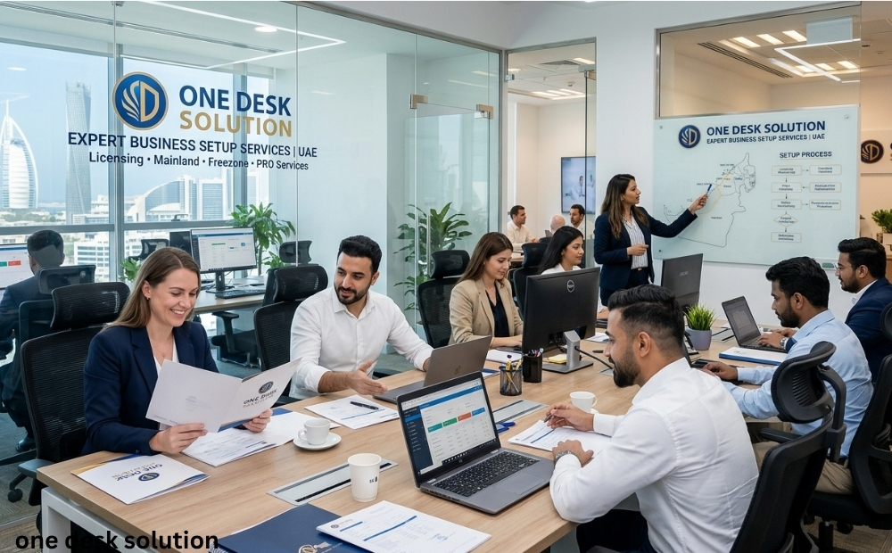 One Desk Solution, expert Business Set up services team working in the office, UAE