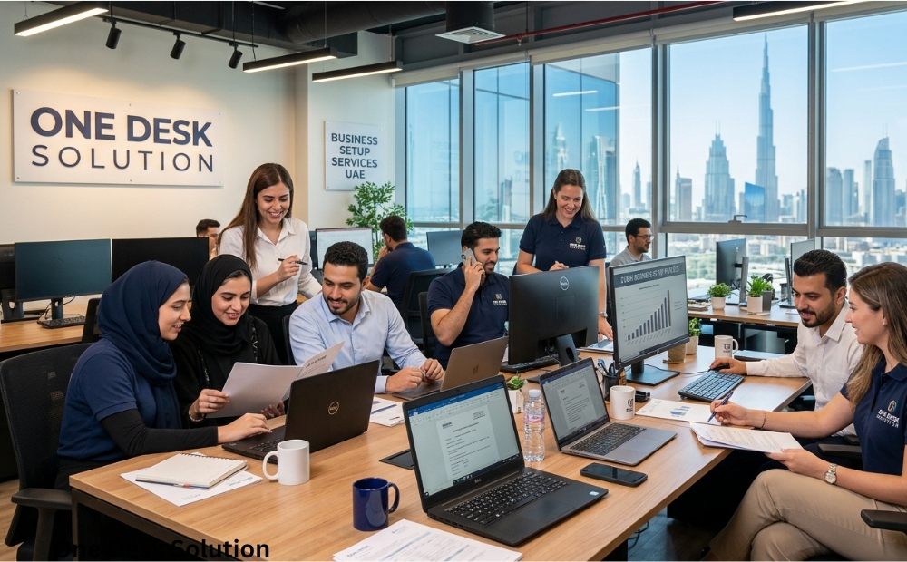 One Desk Solution, business set up services team working in the office, UAE