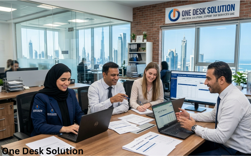 One Desk Solution, expert Tax services team working in the office, UAE