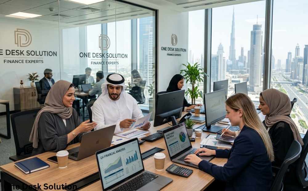 One Desk Solution, finance expert services team working in the office, UAE