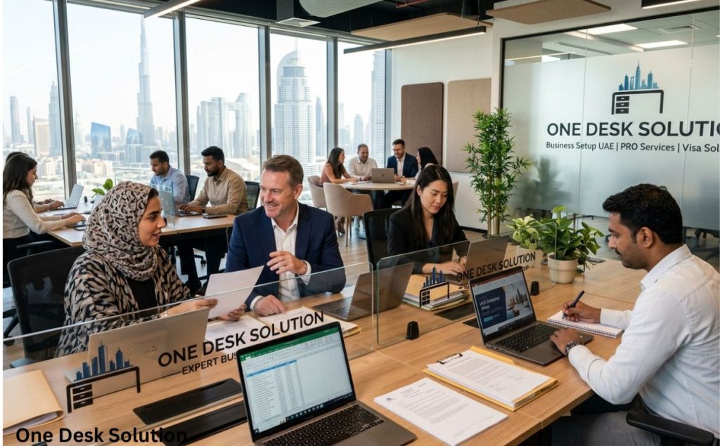 One Desk Solution, expert business setup team working in the office, UAE