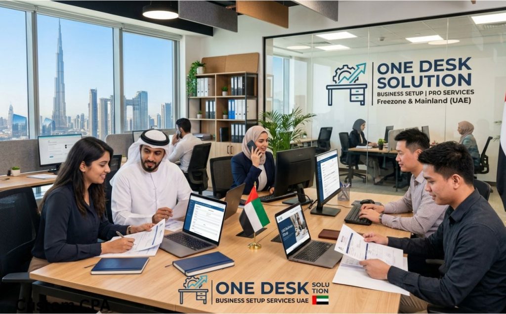 One Desk Solution, business setup services team working in the office, UAE