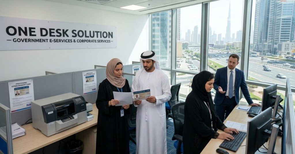 Employees are working in office related to Processing Establishment Card Dubai