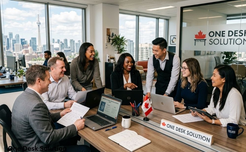 One Desk Solution, expert business setup team working in the office, Canada