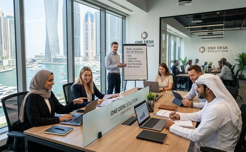 One Desk Solution, business set up services team working in the office in Dubai