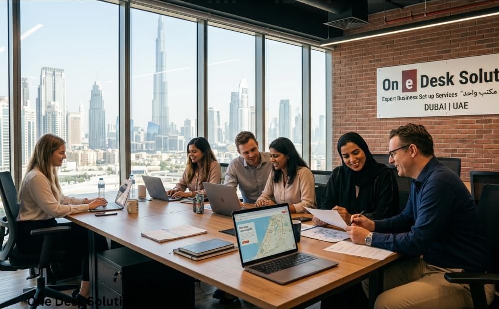 On e Desk Solution, expert business set up Services team working in the office, UAE