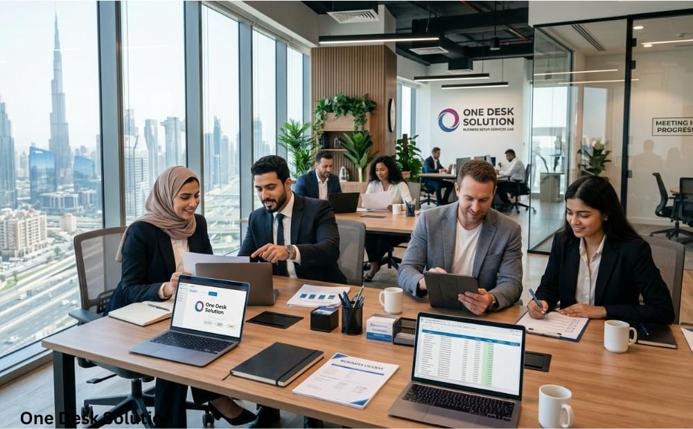 One Desk Solution, business setup services team working in the office, UAE