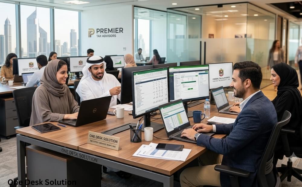 One desk solution, tax expert services team working in the office, UAE