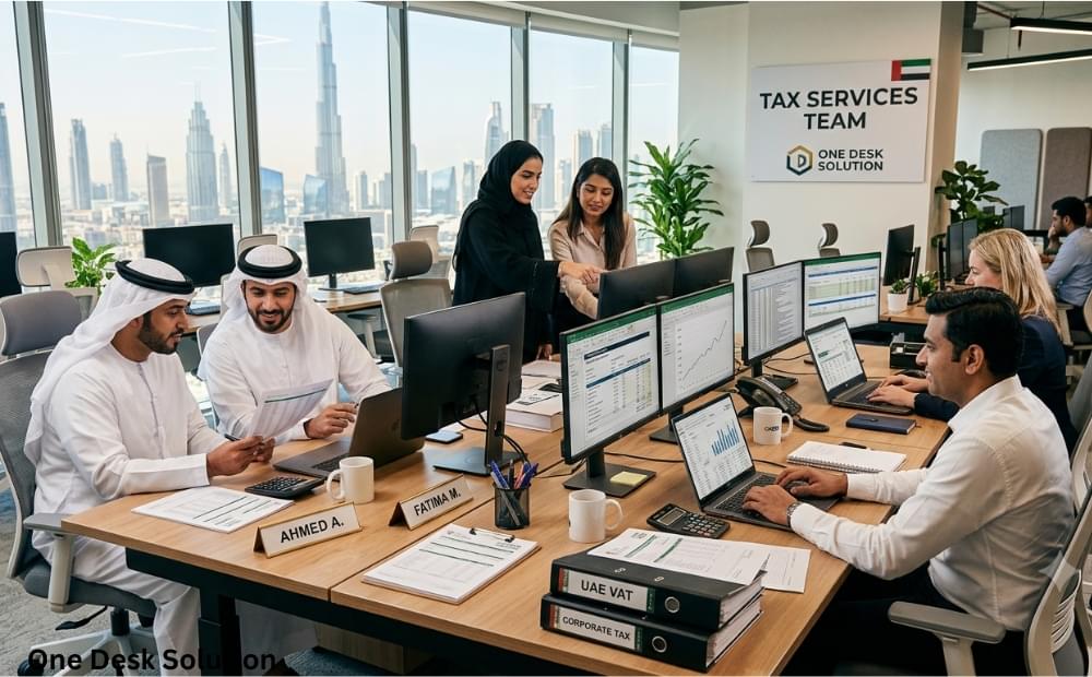 One desk solution, tax services team working in the office, UAE