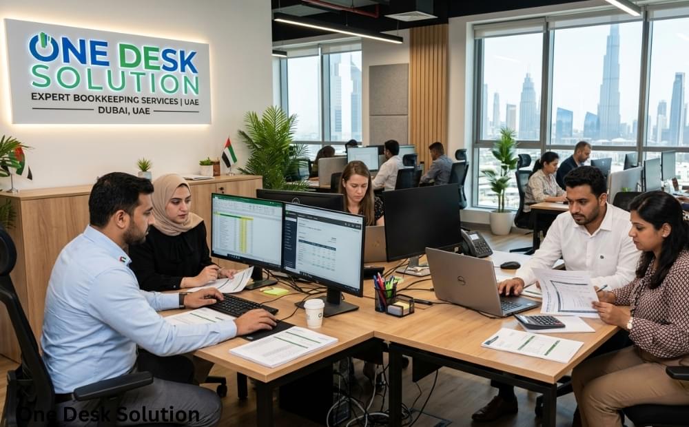 One Desk Solution, expert Bookkeeping Services team working in the office, UAE