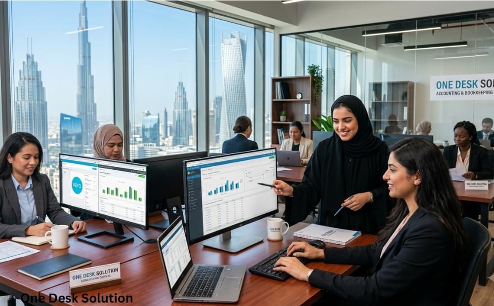 One Desk Solution, expert bookkeeping services team working in the office, UAE