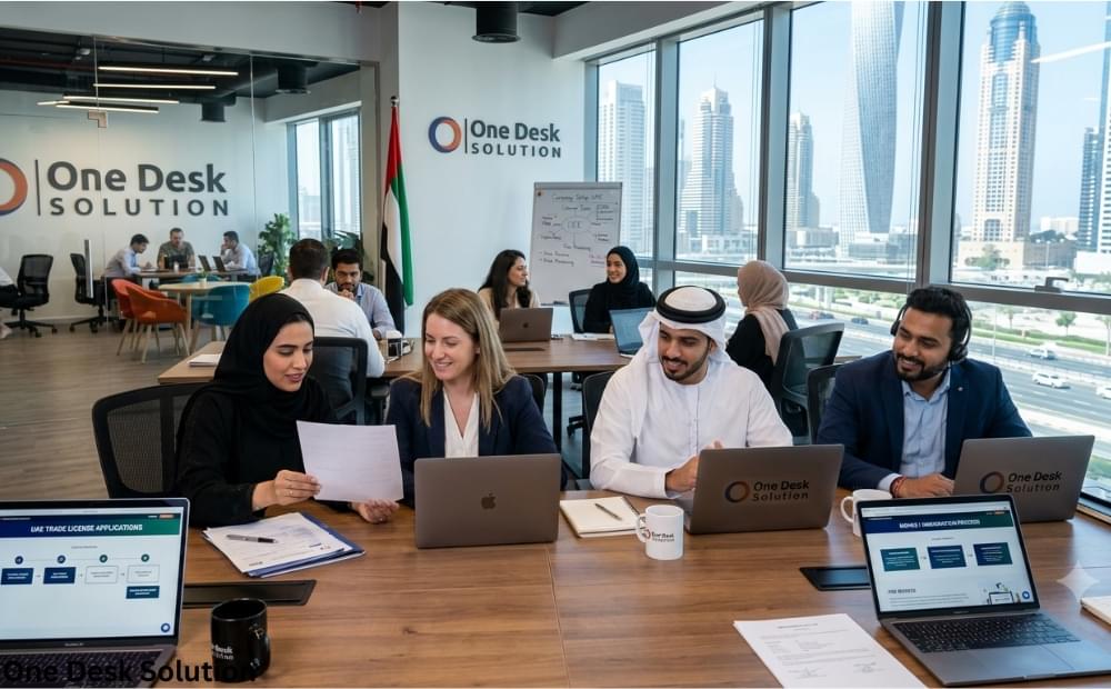 One Desk Solution, business set up services team working in the office, UAE