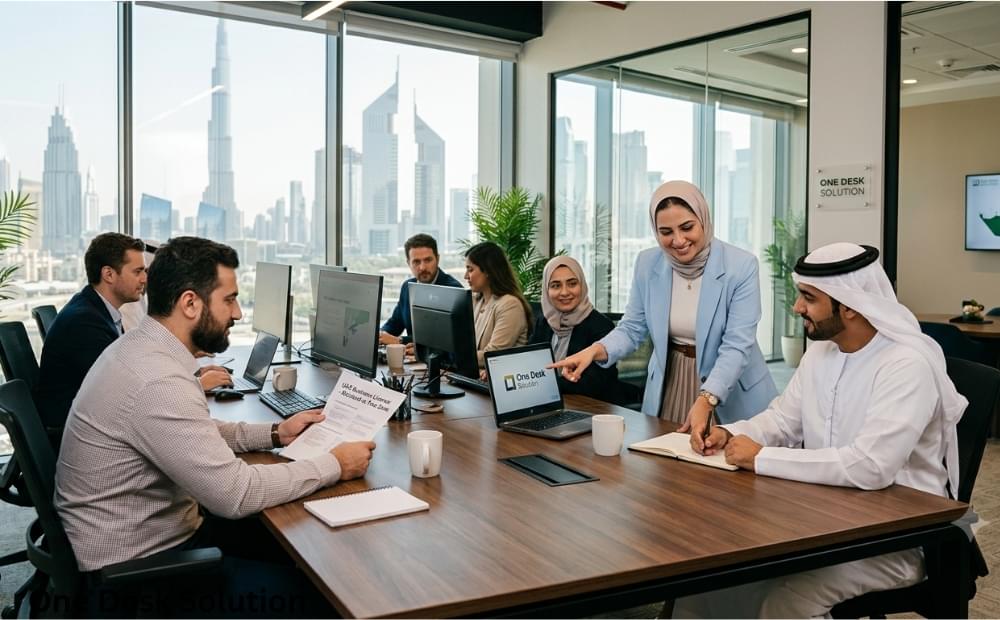 One Desk Solution, business set up services team working in the office, UAE