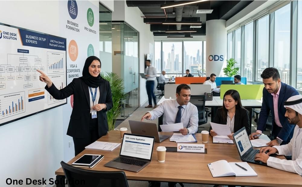 One Desk Solution, business setup expert services team working in the office, UAE