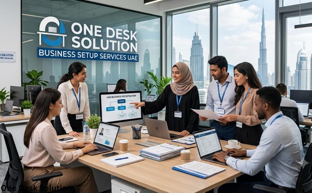 One Desk Solution, business set up expert services team working in the office, UAE