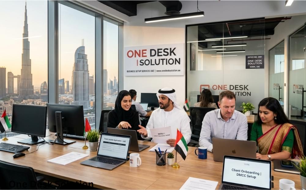 One Desk Solution, business set up services team working in the office, UAE