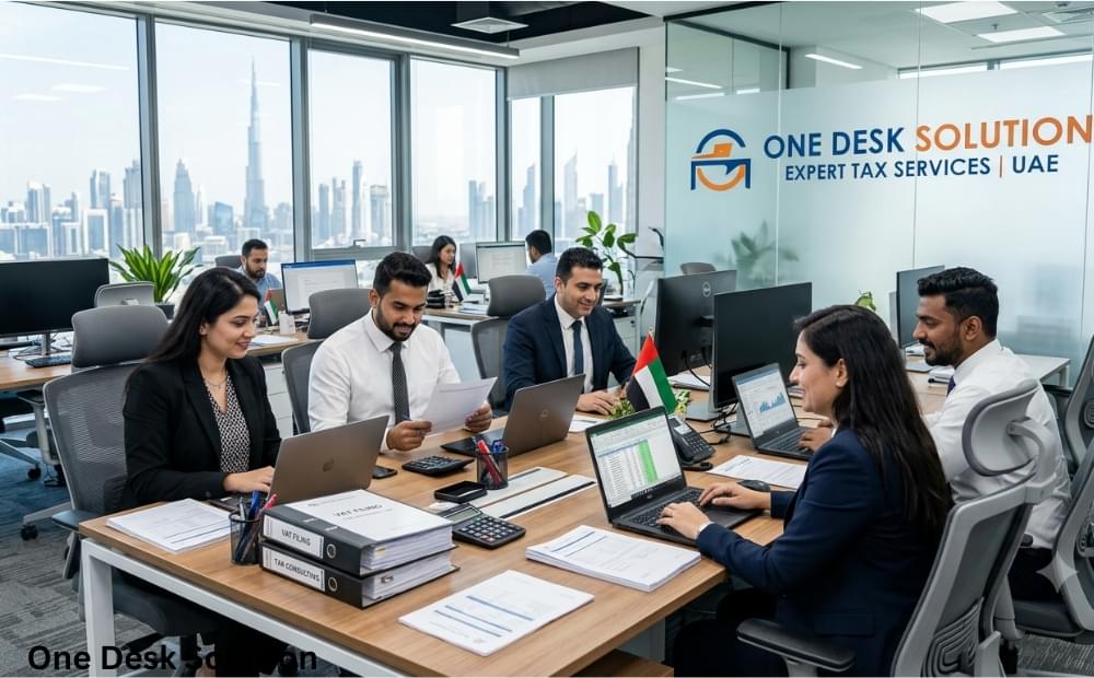 One Desk Solution, expert Tax Services team working in the office, UAE