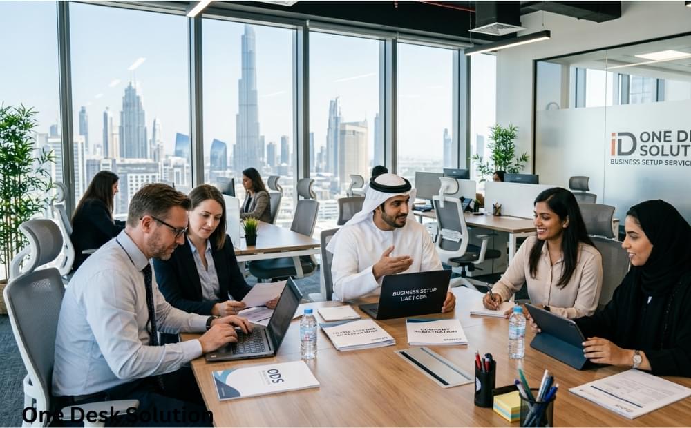 One Desk Solution, business set up services team working in the office, UAE