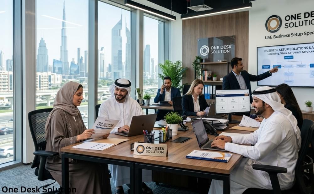 One Desk Solution, business set up services team working in the office, UAE